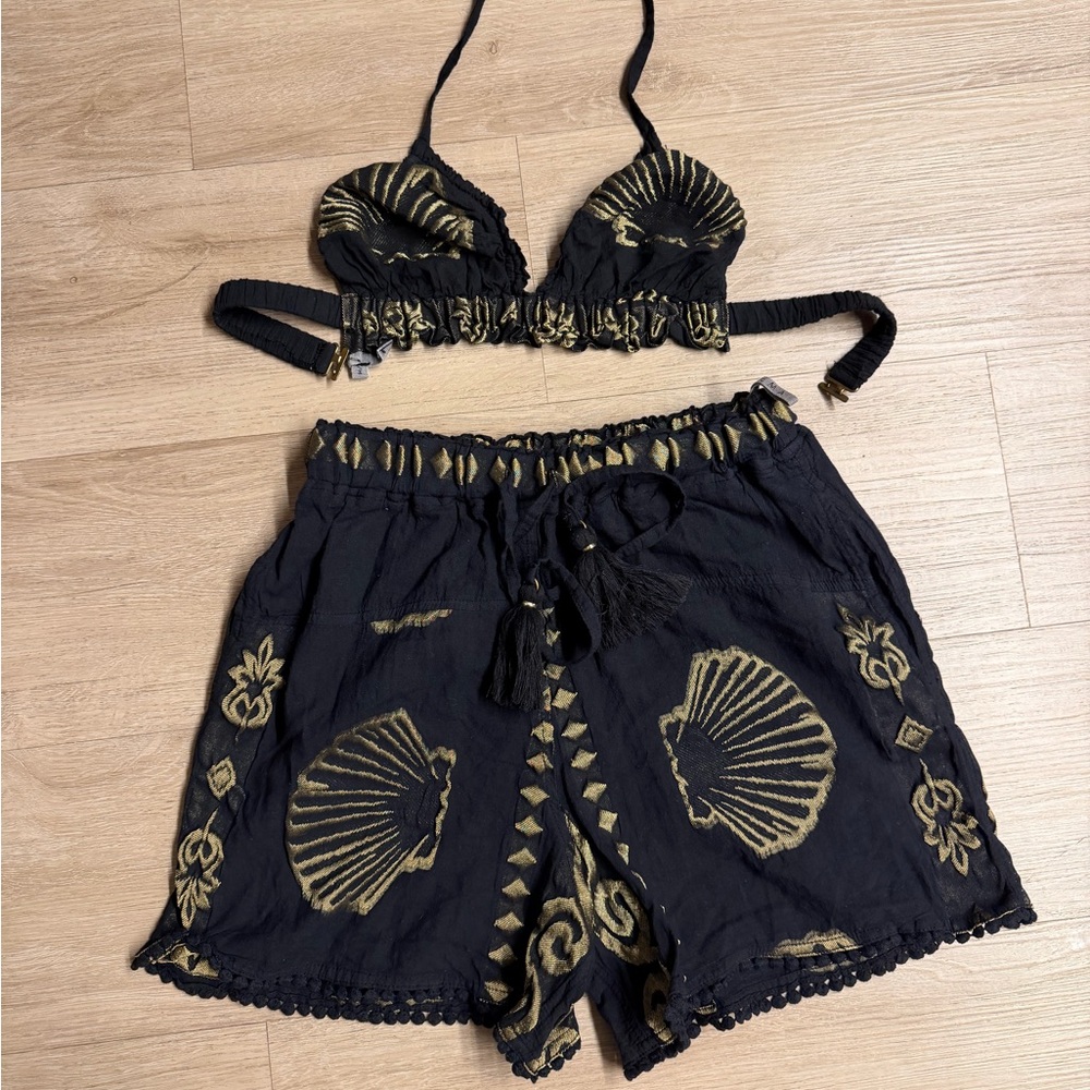 Black and Gold Shell Print Two-Piece Set Resort Wear